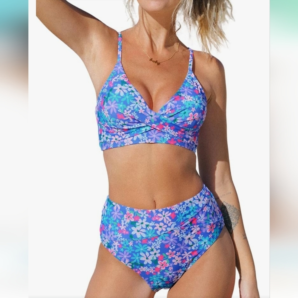 Bikini Swimsuit High Waisted V Neck Twist Front purple sz S